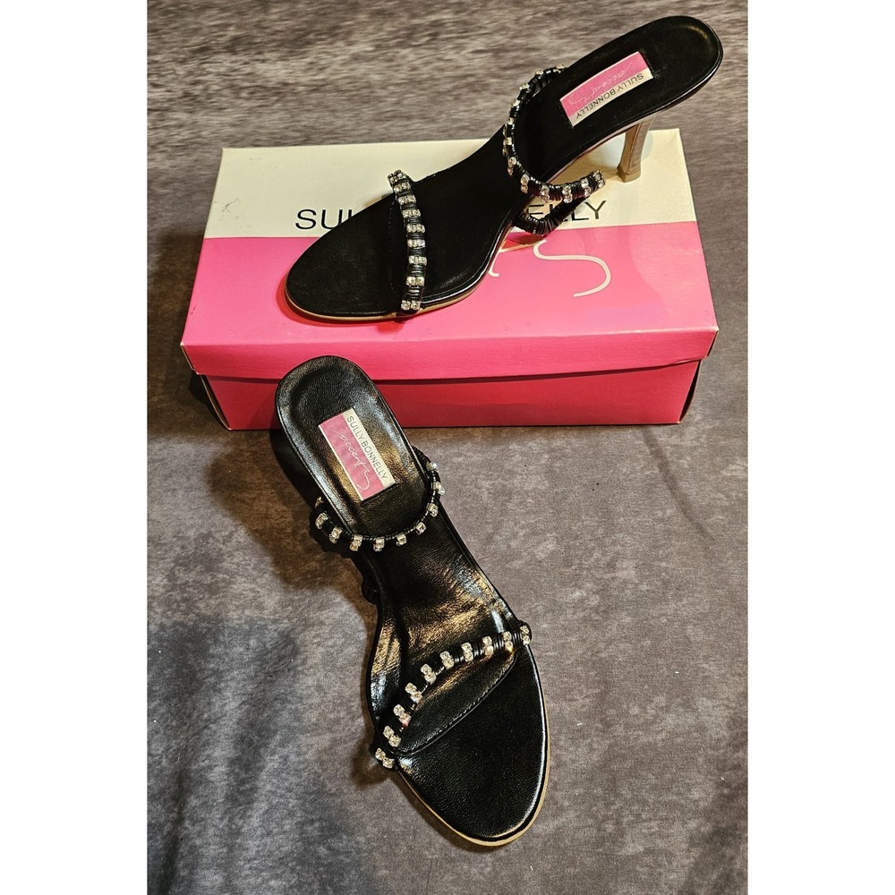 Sully Bonnelly Accents Black Leather Stiletto Rhinestone Heels 9.5 1-01755